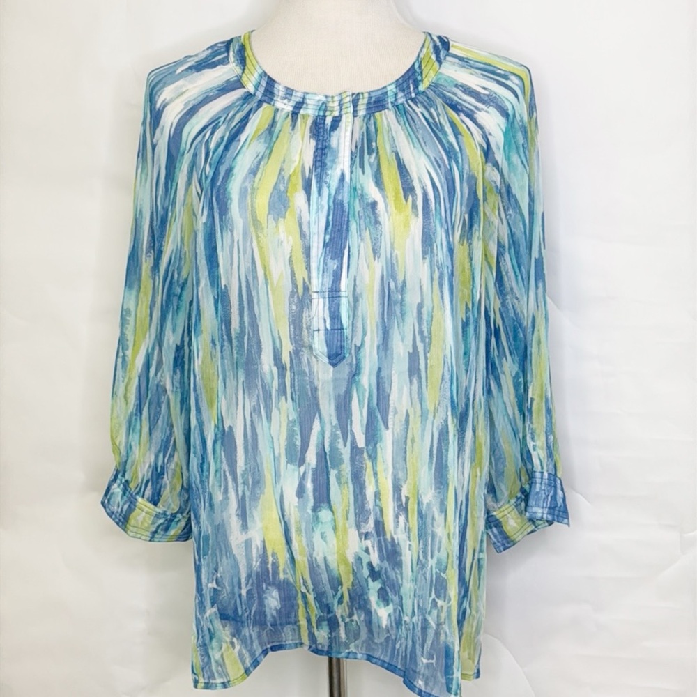 NWT Chico's Blue & Green Watercolor Sheer Top (2/Large)